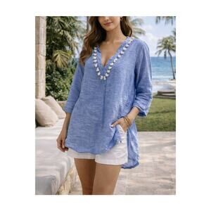 J.Crew Blue Linen Blend Tassel Neck Tunic Top Women’s Large Boho Resort Beach